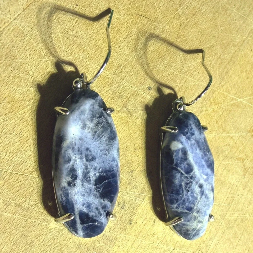 VTG Sodalite Stone Oval Cabochon Drop Earrings Blue Silver Tone Cottagecore Gift